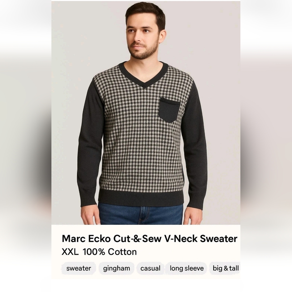 Marc Ecko Cut & Sew XXL V-Neck Sweater Gray Black Checkered Cotton Long Sleeve